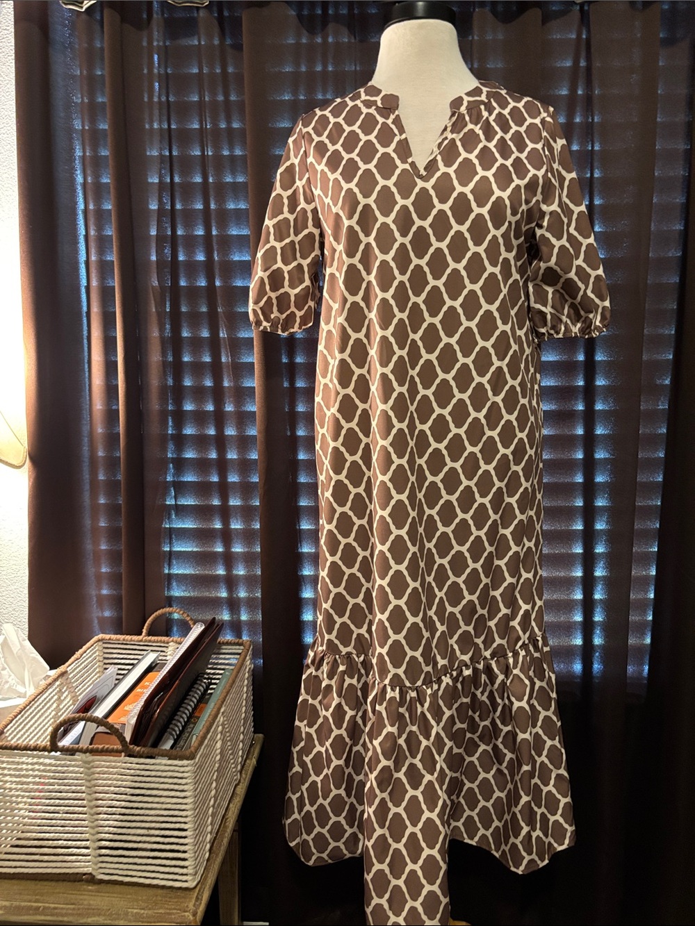 SHEIN Brown Geometric Print Tiered Midi Dress - Women